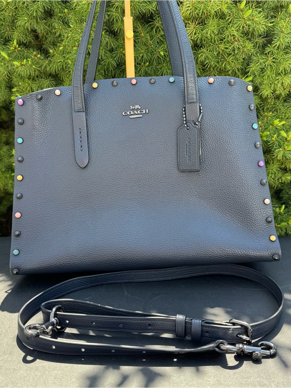 COACH *RARE* Charlie Navy Pebbled Leather Tote with Multicolor Studs - Picture 3 of 13